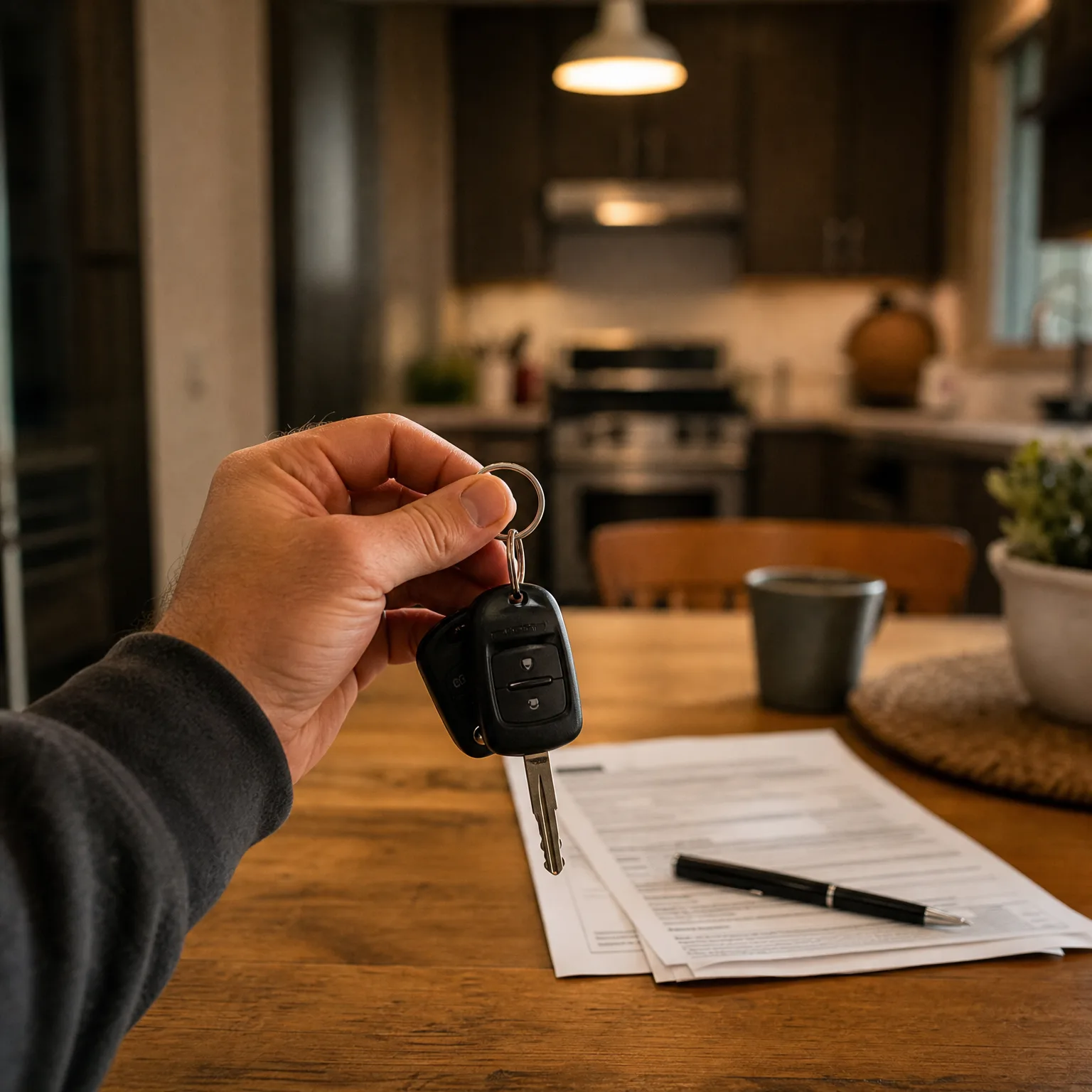 A hand holds a black remote car key by its ring above a wooden table with printed documents, a pen, a mug and a potted plant, with a kitchen blurred in the background.